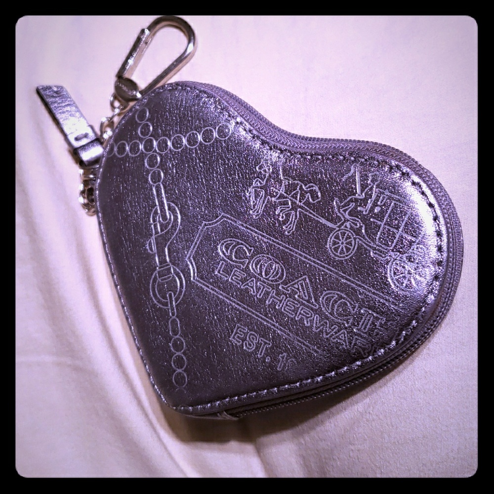 Silver Coach leather heart keychain wallet